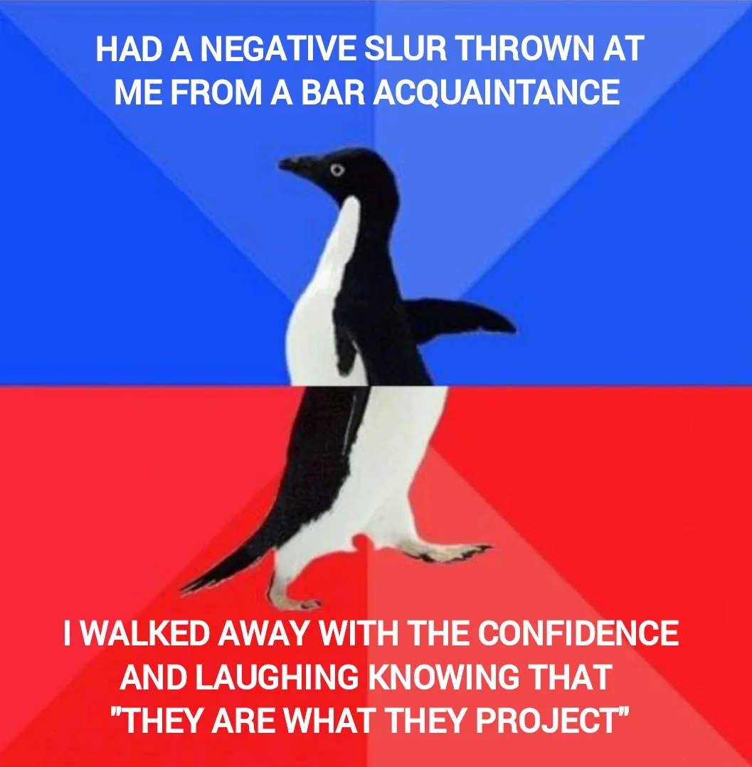 A penguin walks confidently across a split blue and red background. The top text says 'HAD A NEGATIVE SLUR THROWN AT ME FROM…