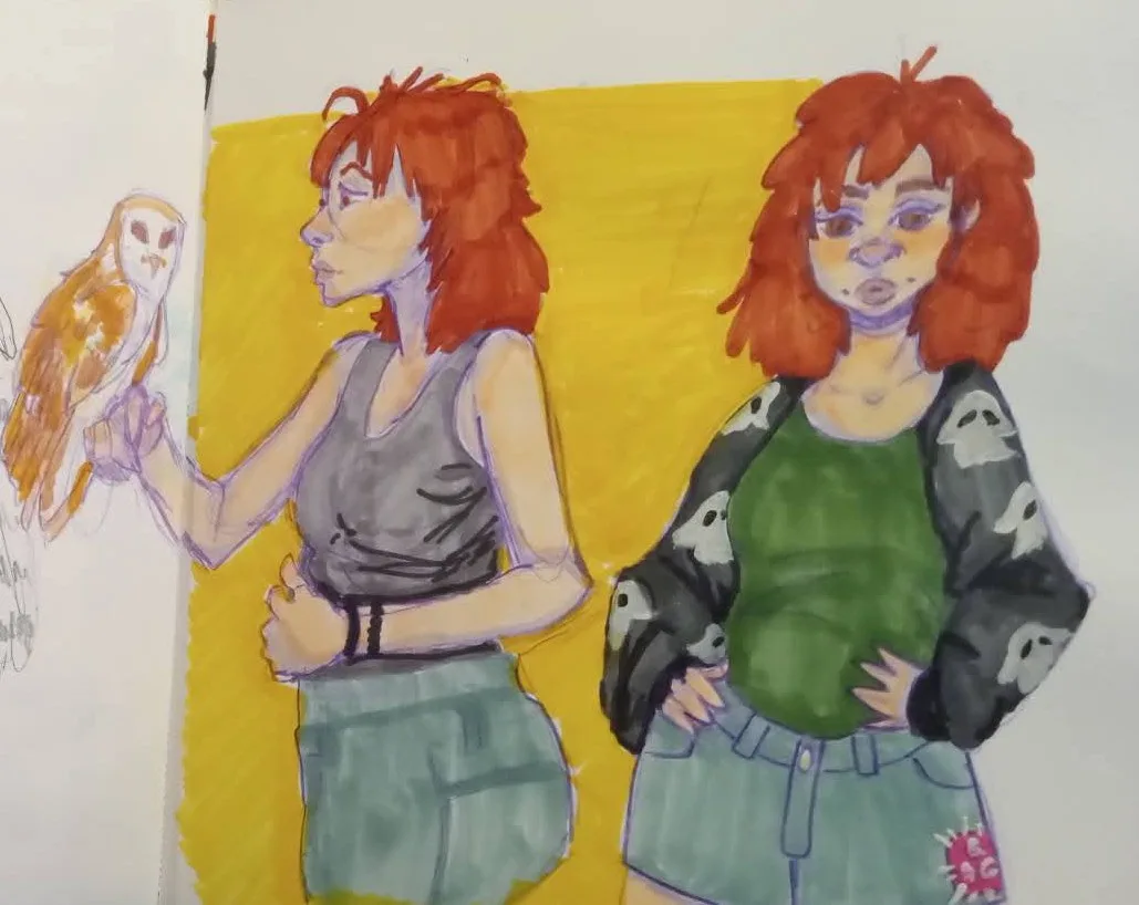 A hand-drawn illustration shows two versions of the same red-haired girl side-by-side. On the left, she calmly holds an owl…