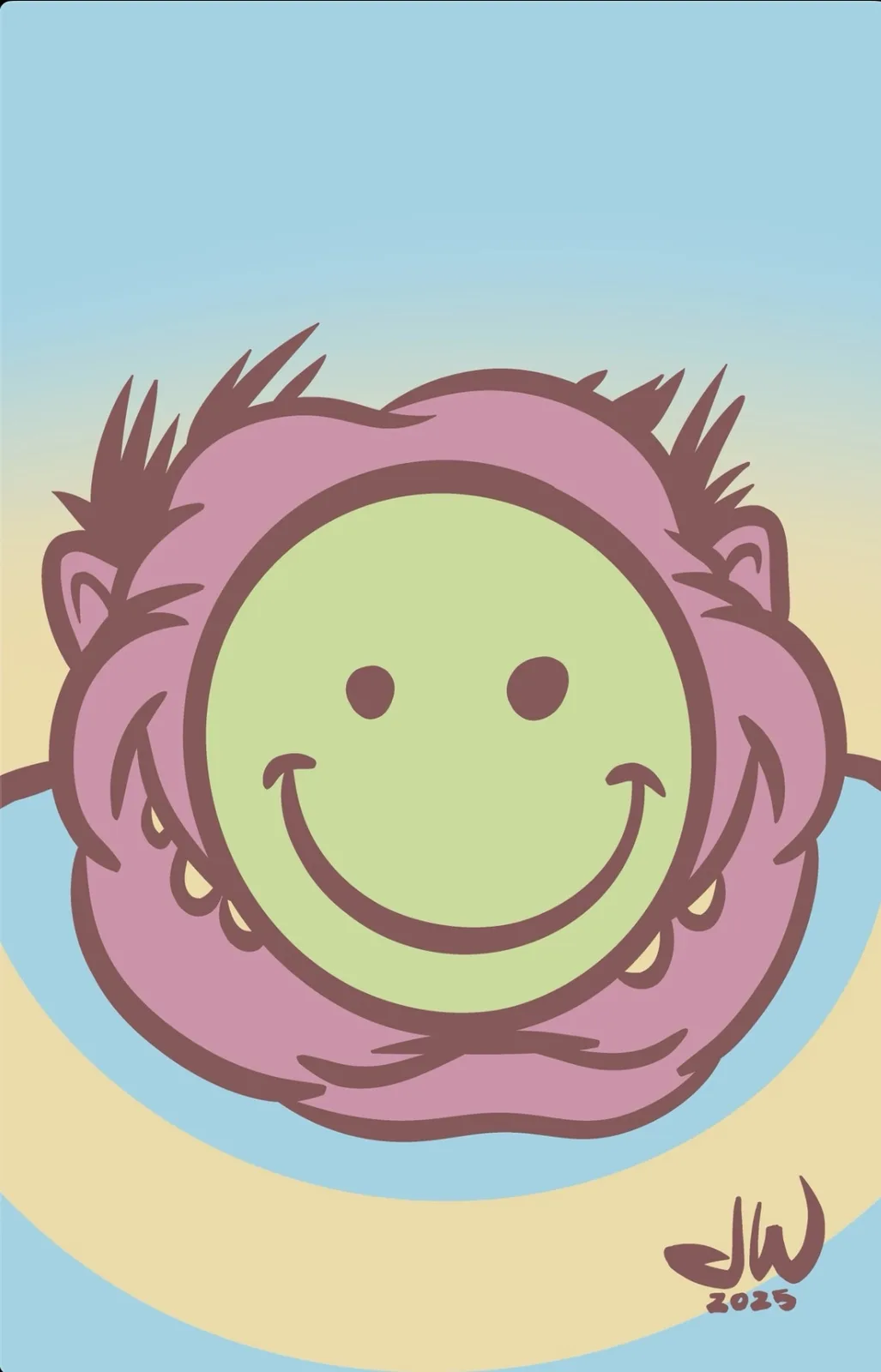 A cartoon illustration of a pink, furry, smiling monkey face with a light green face, set against a gradient blue and yellow…
