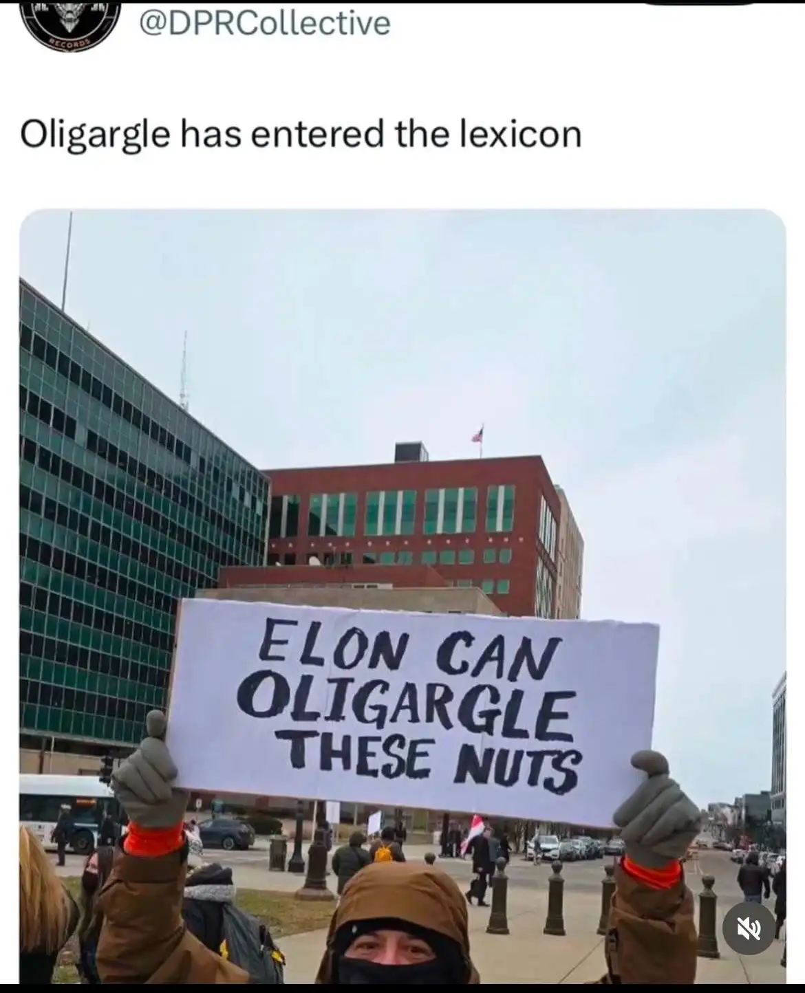 A person wearing a brown hood and black face covering holds a white sign that reads 'ELON CAN OLIGARGLE THESE NUTS' while…