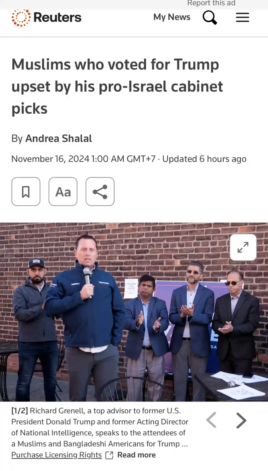 A screenshot of a Reuters news article with the headline 'Muslims who voted for Trump upset by his pro-Israel cabinet picks'…