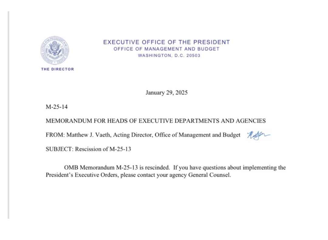 A formal-looking memorandum from the Office of Management and Budget dated January 29, 2025, rescinds a previous memorandum…