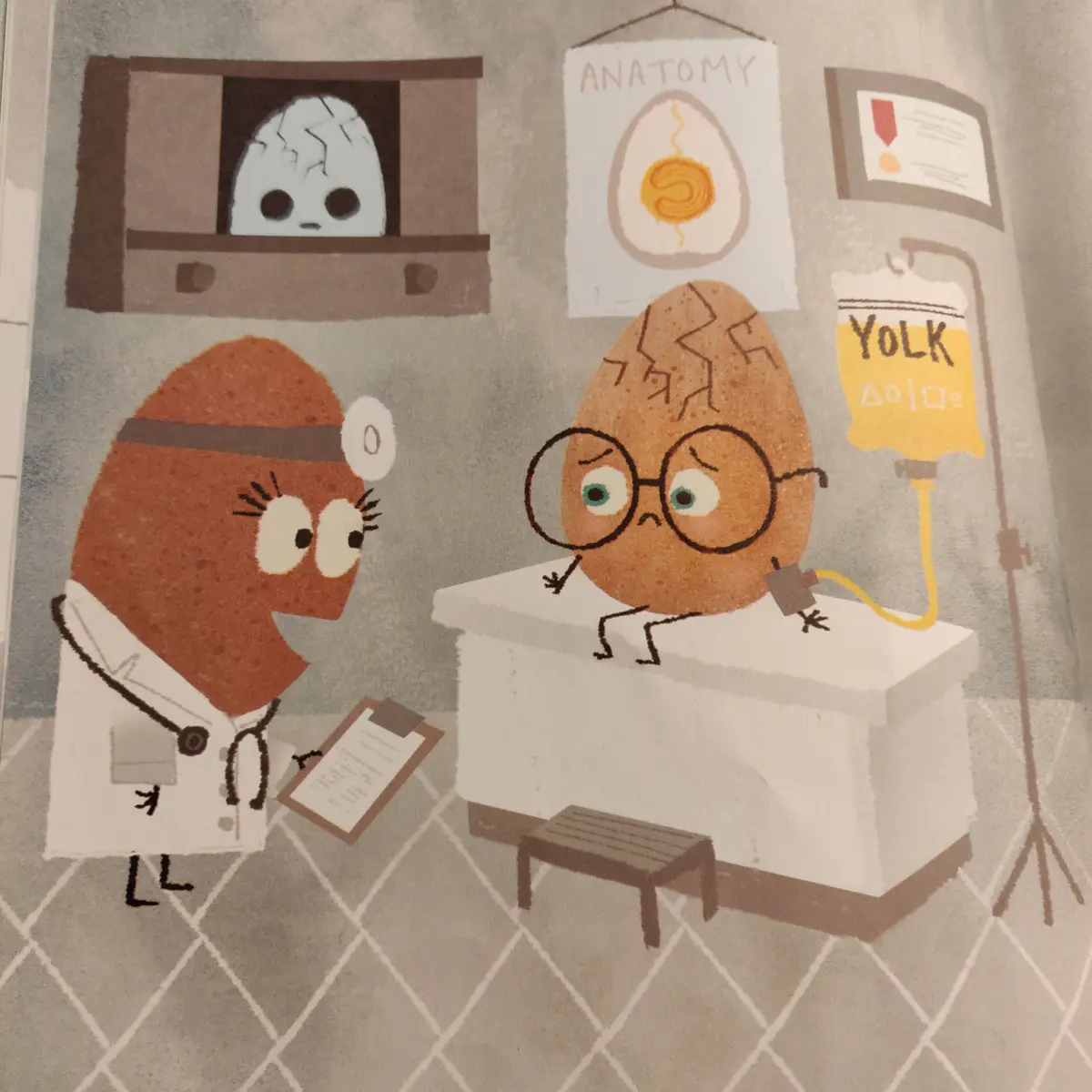 An egg-shaped doctor with a stethoscope examines a cracked egg patient wearing glasses, who is hooked to an IV bag labeled…