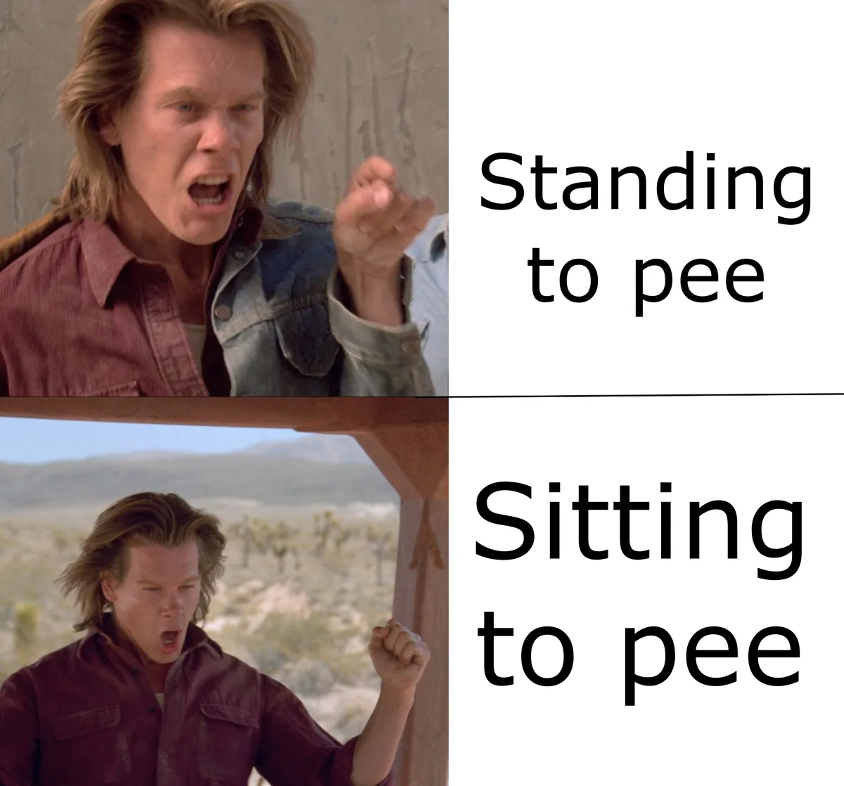 The image is a two-panel meme featuring actor Kevin Bacon from the movie 'The Last Detail'. In the top panel, he is yelling…