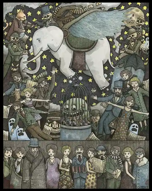 A surreal, vintage-style illustration depicts a large white elephant with wings and a saddle, surrounded by a chaotic crowd…