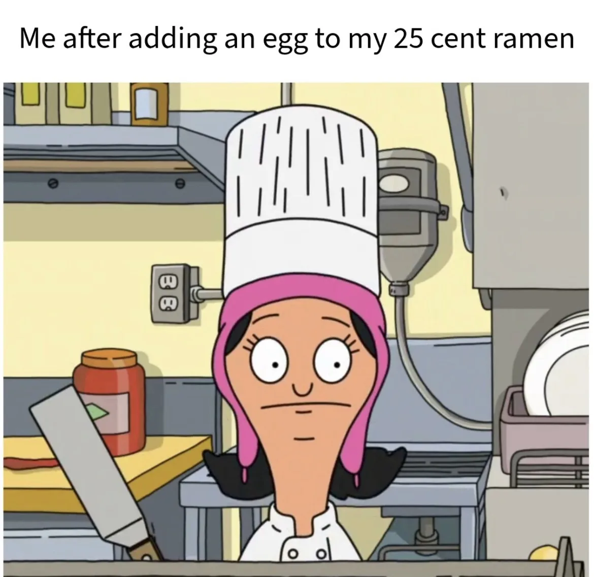 A cartoon woman in a chef's hat and uniform stares blankly with wide eyes and a straight mouth, standing in a kitchen with a…