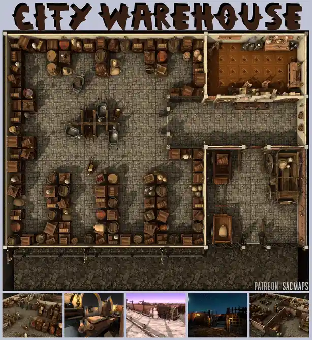 An overhead view of a detailed fantasy warehouse filled with wooden crates, barrels, carts, and tools, arranged to form the…