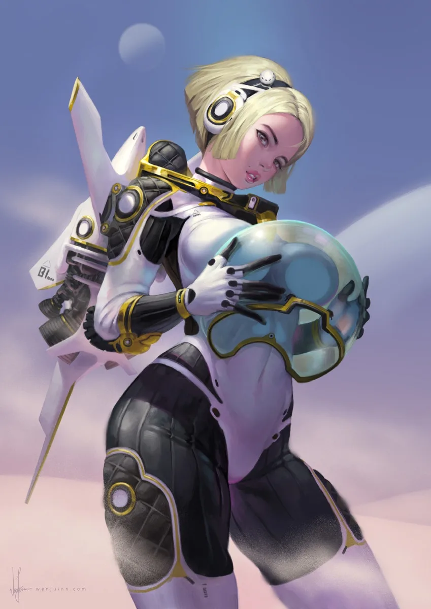 A blonde woman in a white and black futuristic outfit with gold accents holds a transparent helmet while a white jet-like…