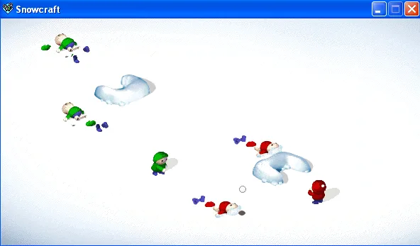 A screenshot of a pixelated game titled 'Snowcraft' shows multiple characters in a snowy landscape, some standing and others…