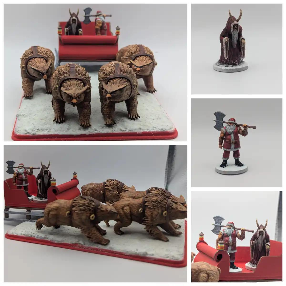 A collage of images showing painted miniature figurines: a red sleigh pulled by four fierce, spiked, bear-like creatures…