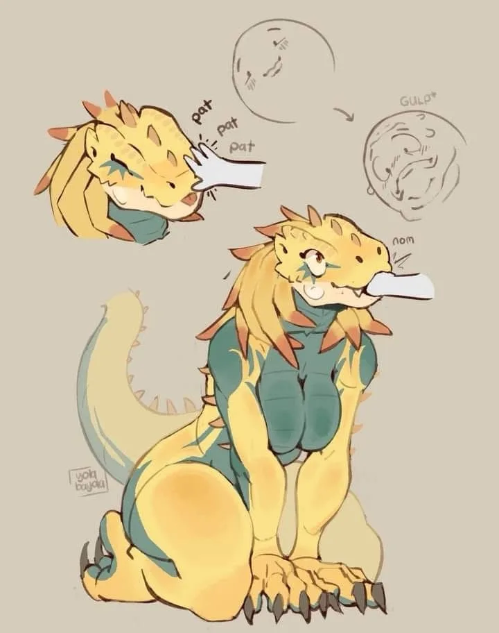 A yellow dragon-like creature with green armor sits and eats a white object, with thought bubbles showing it patting the…