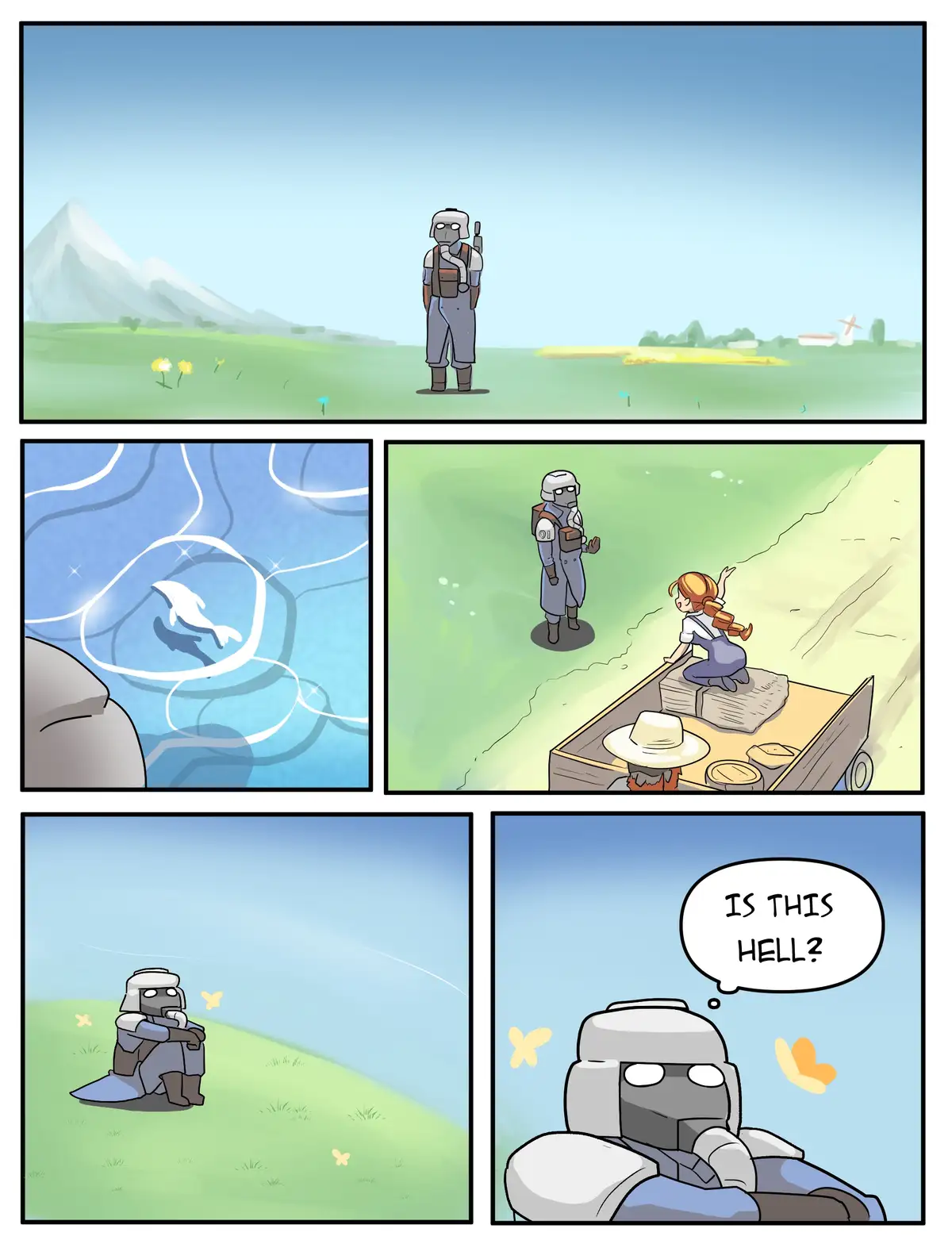 A comic strip shows a robot soldier standing in a peaceful, sunny field with mountains and flowers. It then sees a magical…