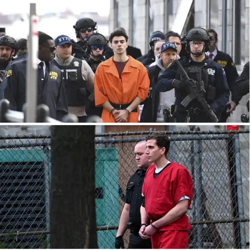 The image is split into two panels. The top panel shows a young man in an orange jumpsuit surrounded by heavily armed NYPD…