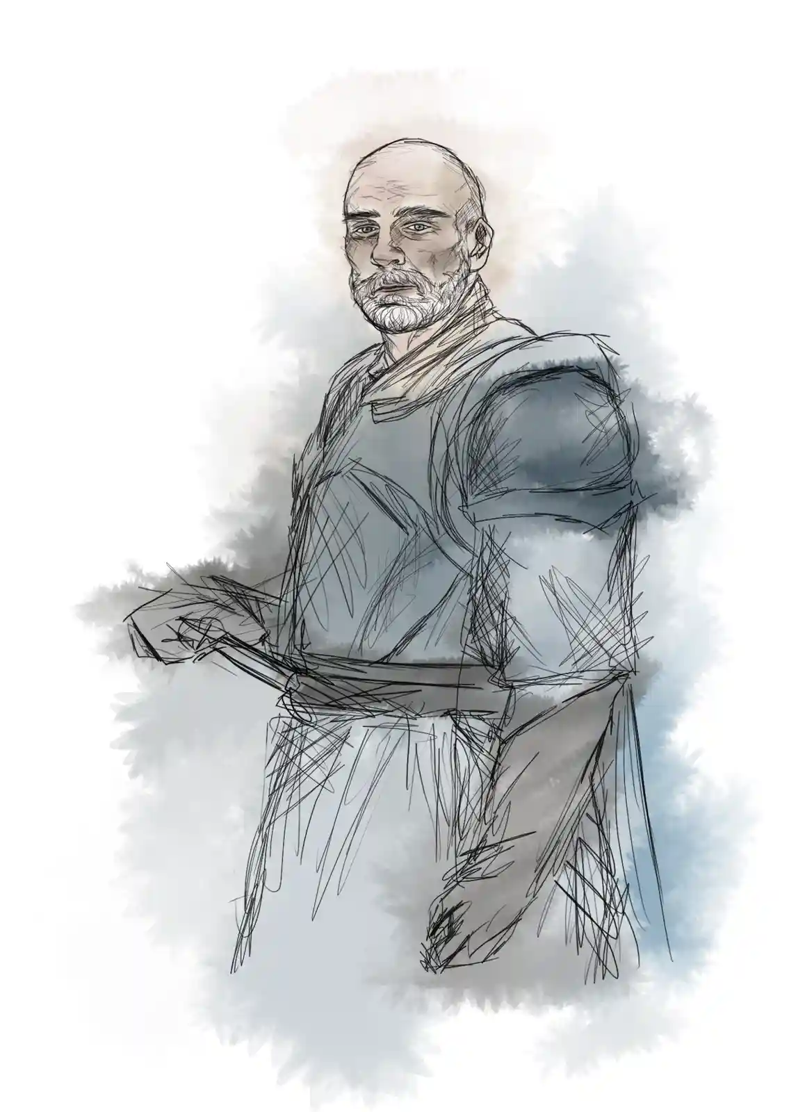 A sketch-style illustration of a bald man with a white beard wearing a dark tunic, surrounded by a halo-like aura of soft…