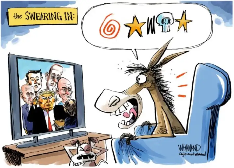 A cartoon donkey sits on a blue couch watching a TV screen showing caricatures of political figures, including Donald Trump…