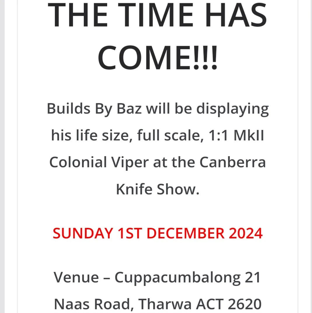 A white-background flyer announces 'THE TIME HAS COME!!!' in large black text, followed by details of a knife show featuring…