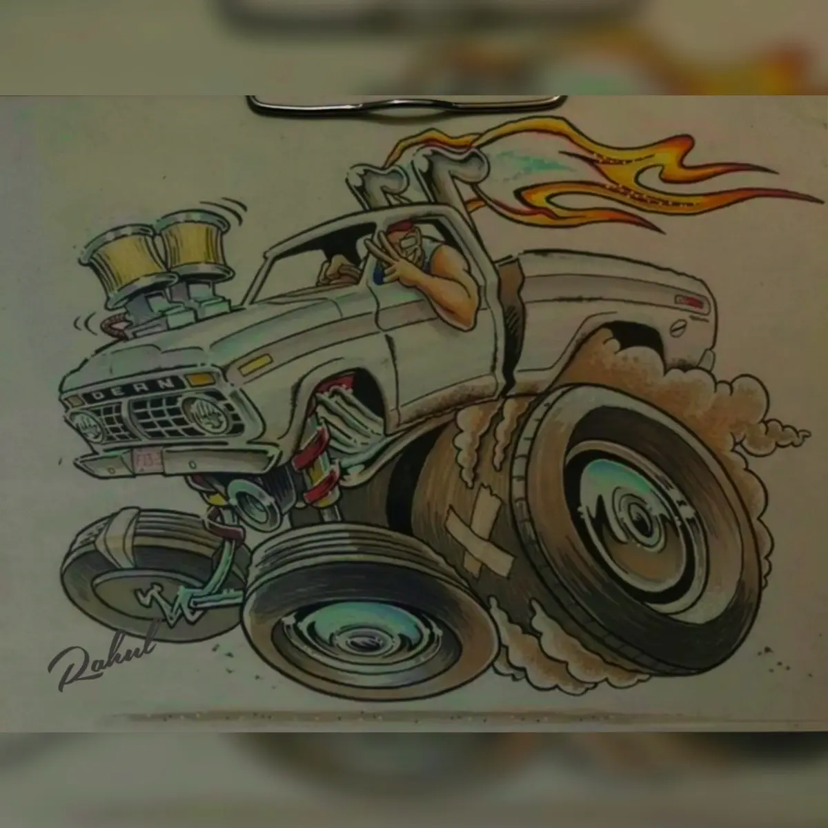 A cartoon drawing of a heavily modified, flame-throwing monster truck with oversized tires and exposed engine parts, driven…