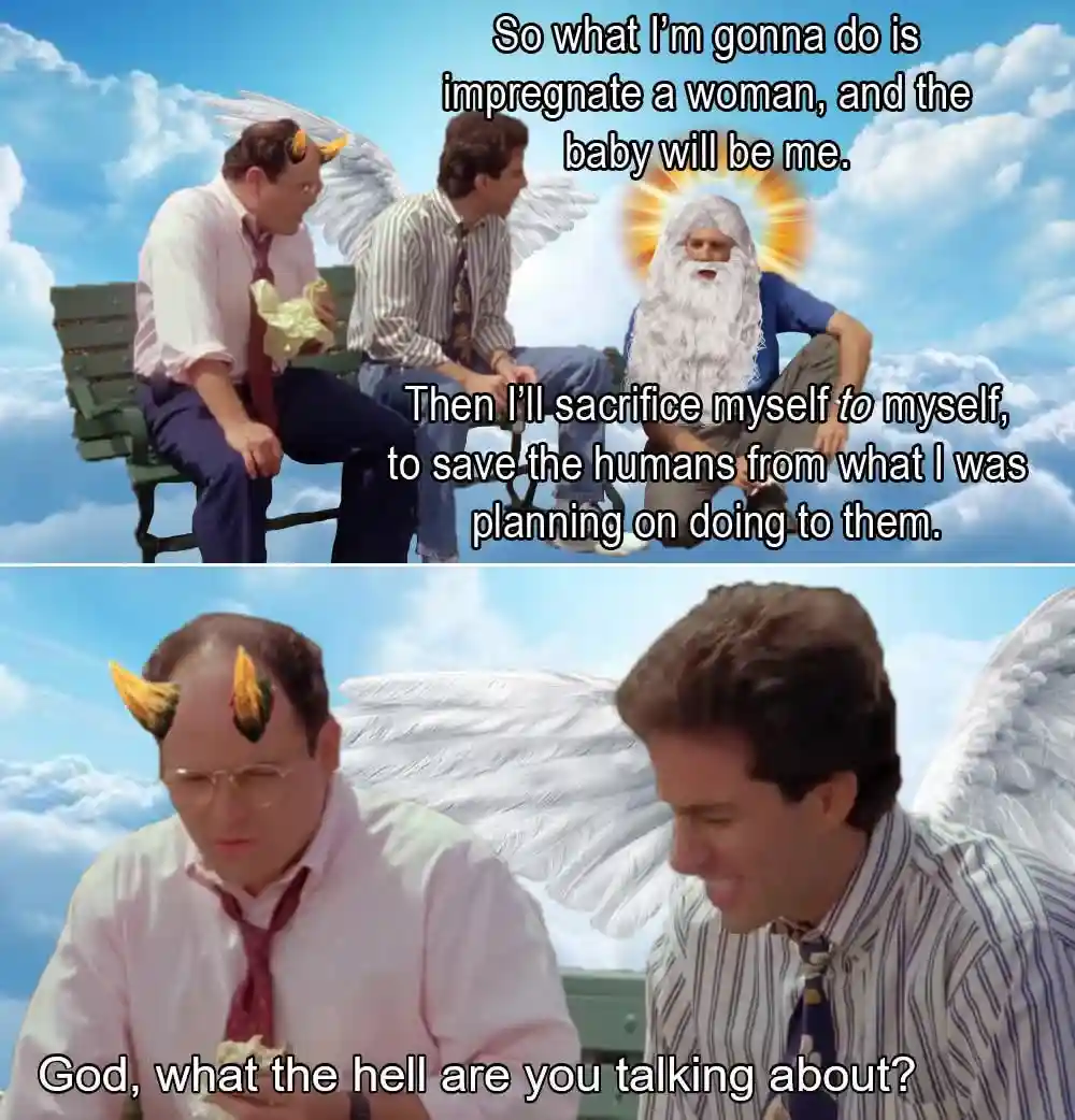 The image is a two-panel meme from the TV show 'The Office'. In the top panel, three men with angel wings sit on a bench in…