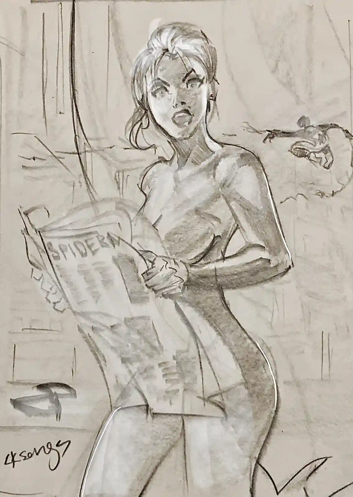 A pencil sketch depicts a woman in a revealing outfit holding a newspaper with 'SPIDERMAN' visible on the front page. In the…