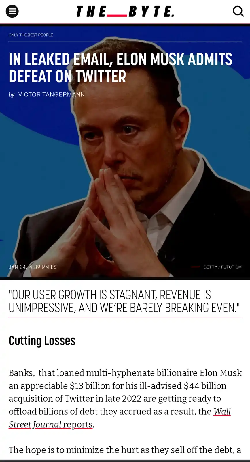 The image shows a screenshot of a fake news article from 'THE BYTE.' featuring a photo of Elon Musk looking distressed with…