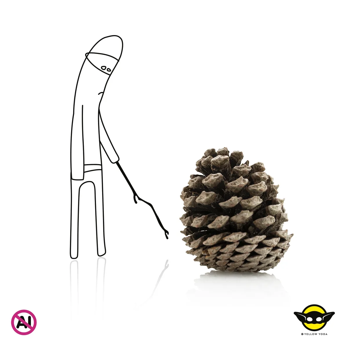 A minimalist black line drawing of a stick figure with a long neck and simple eyes stands next to a large, detailed pinecone…
