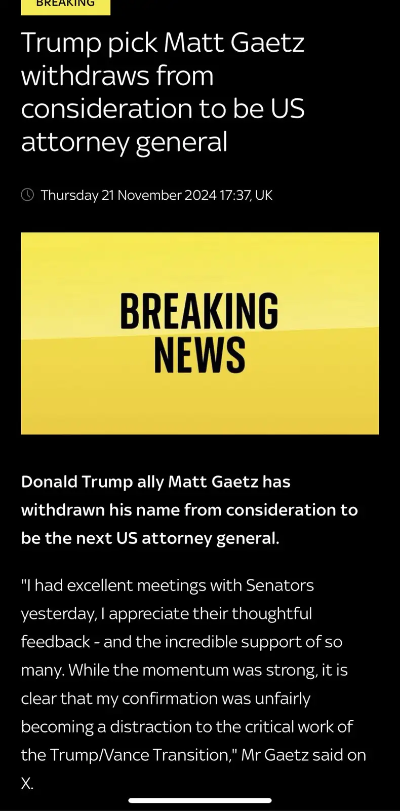 A screenshot of a news article with a 'BREAKING' banner at the top and a yellow 'BREAKING NEWS' graphic. The headline reads…
