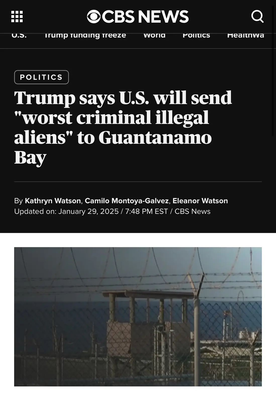A screenshot of a CBS News article with a headline about Trump's policy on deporting illegal aliens to Guantanamo Bay…
