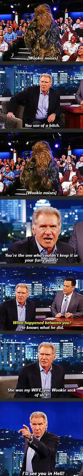 A six-panel meme featuring Harrison Ford on a talk show reacting to a Wookiee (Chewbacca) making noises. The text overlays…