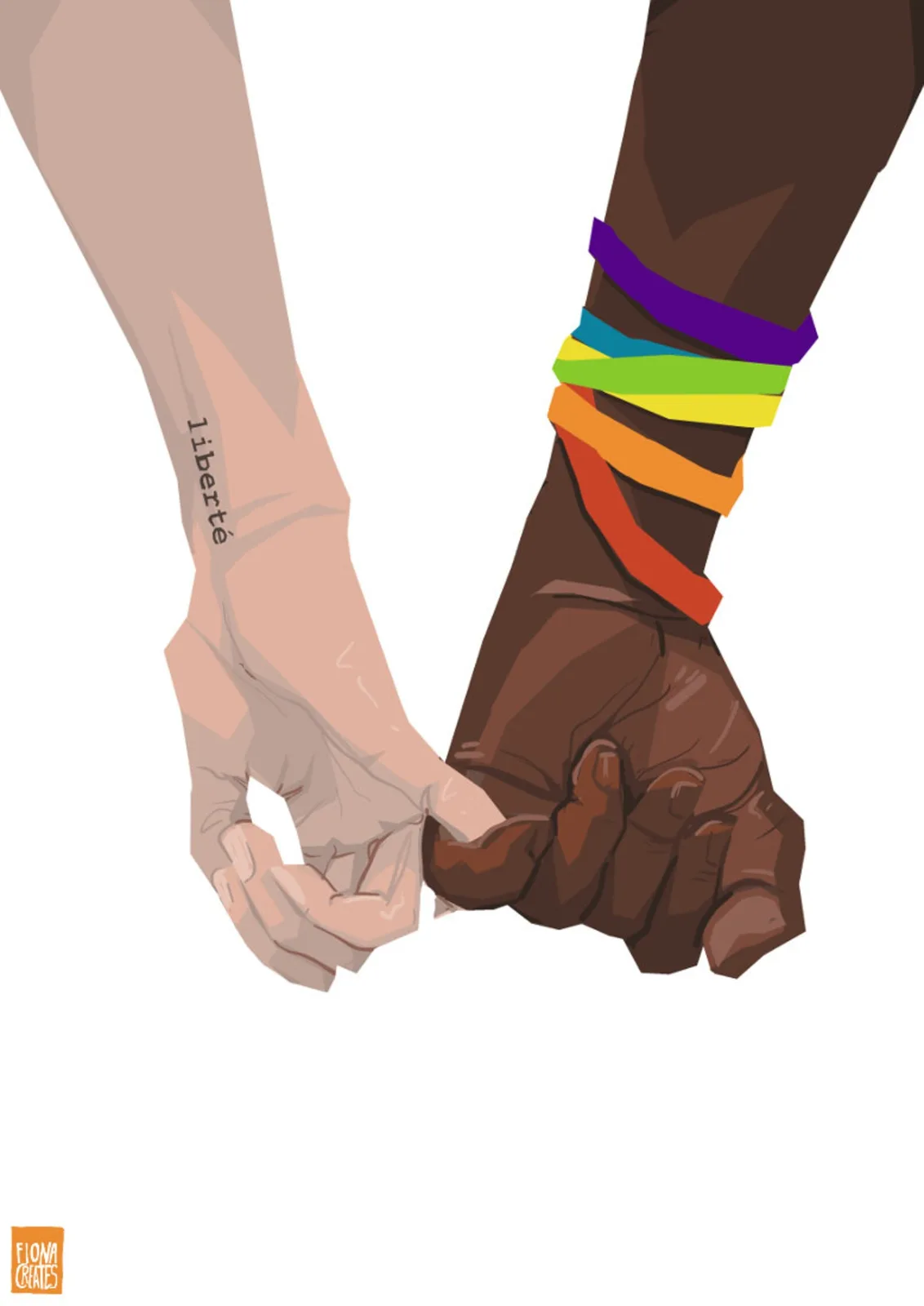 An illustration shows two hands clasped together, one light-skinned with the word 'liberté' tattooed on the inner wrist, and…