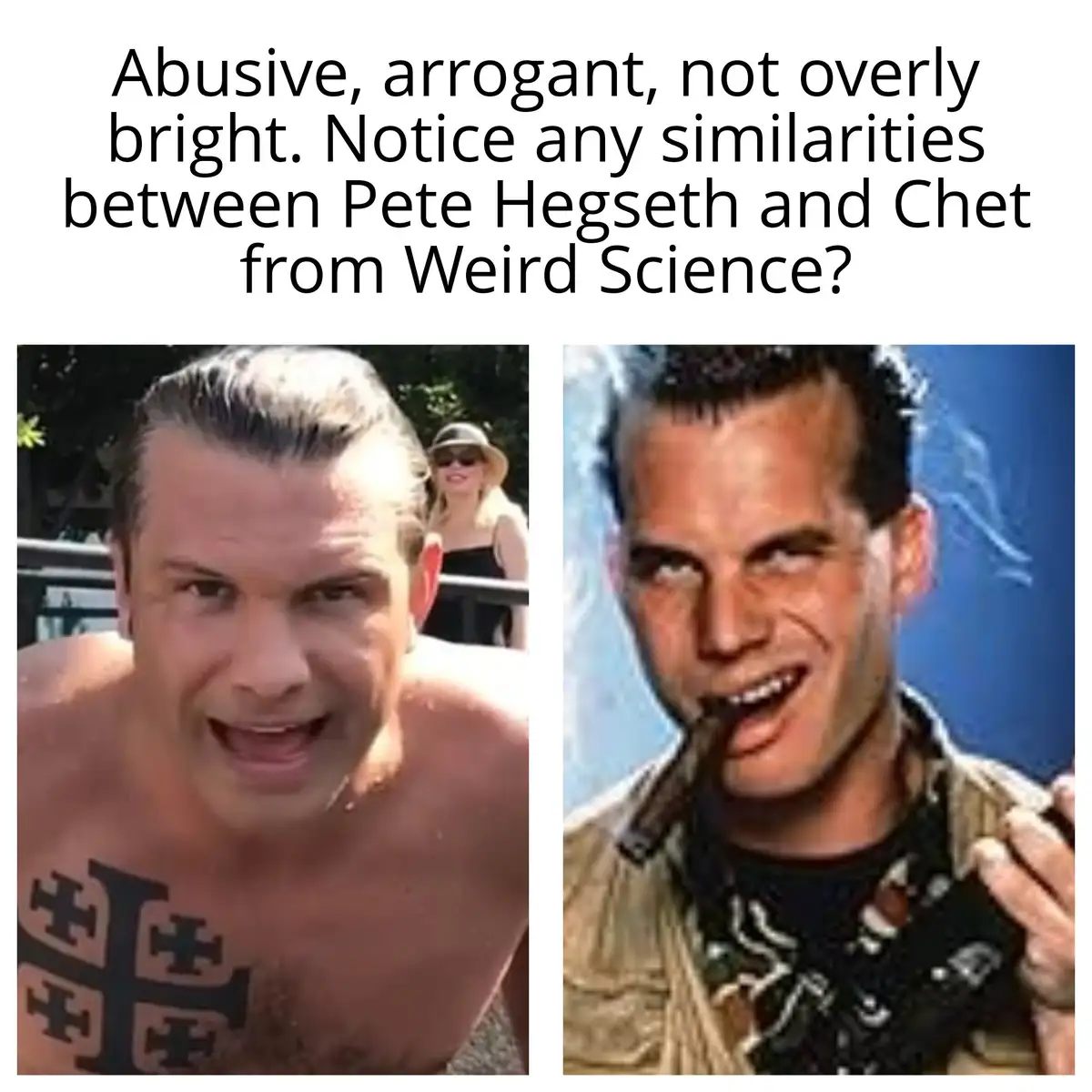 The image displays two side-by-side photos of men. The left photo shows a shirtless man with a large tattoo on his chest…