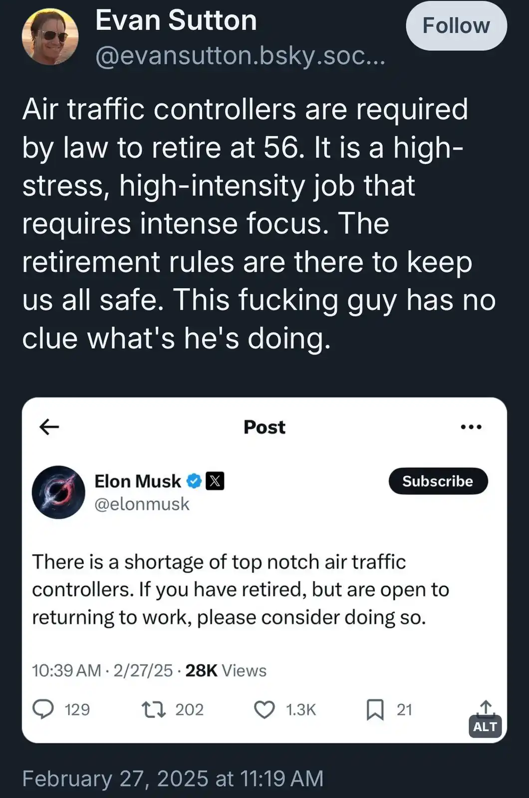 A screenshot of a post by Evan Sutton on a social media platform, which includes a screenshot of a post by Elon Musk. Evan's…