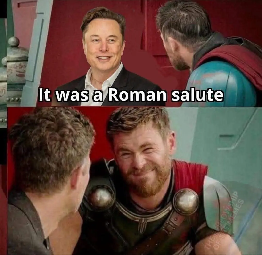 The top panel shows Elon Musk smiling while facing Thor, who is seen from behind. The bottom panel shows Thor smiling…