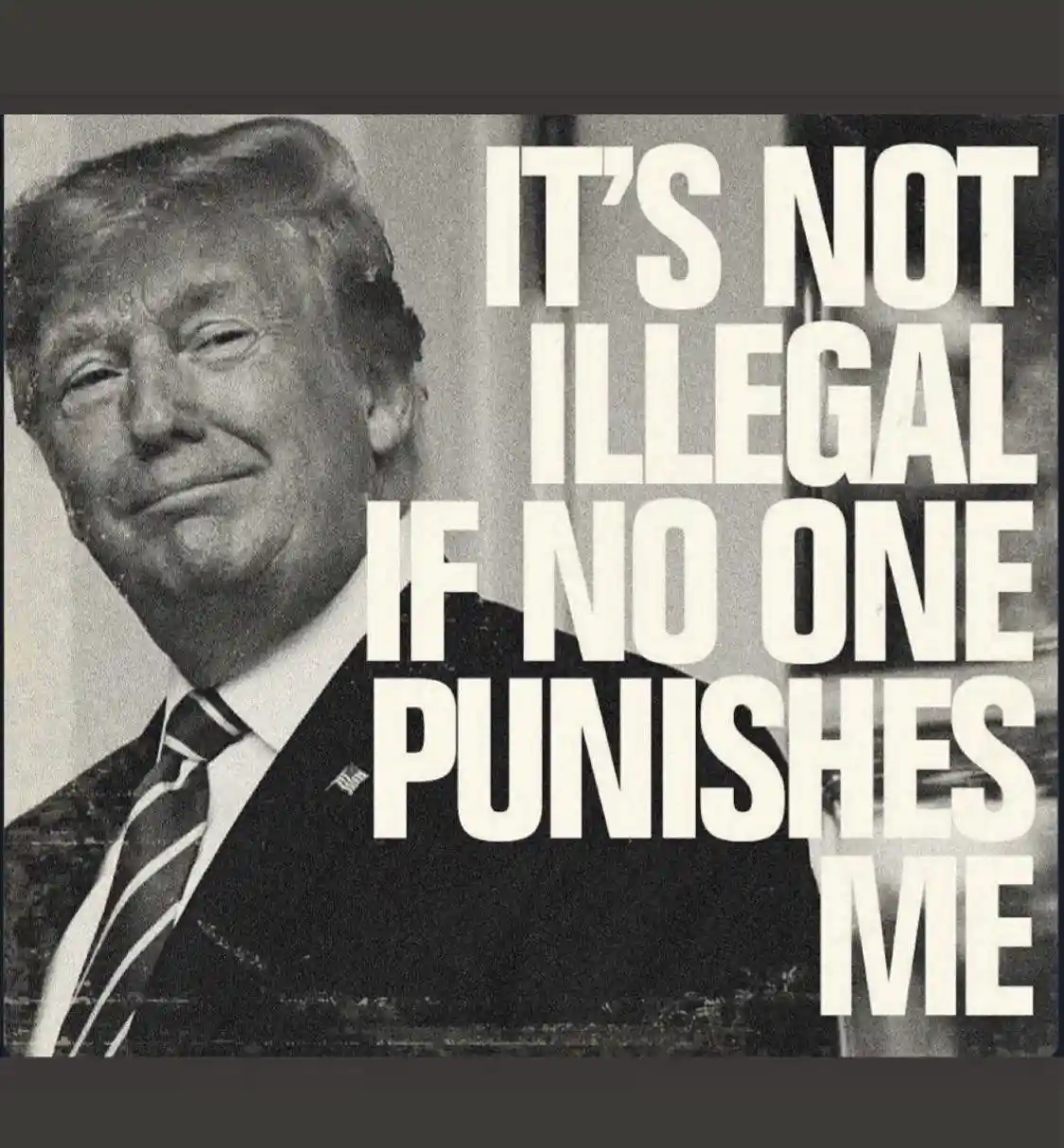 A black-and-white photo of Donald Trump smiling while wearing a suit and tie, with large white text overlaid on the right…