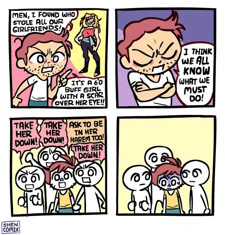 A four-panel comic shows a man accusing a buff woman with a scar over her eye of stealing all their girlfriends. He declares…