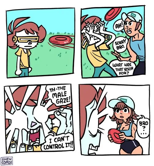 A four-panel comic strip shows a woman wearing a visor while playing frisbee, then being startled by a man who asks what the…