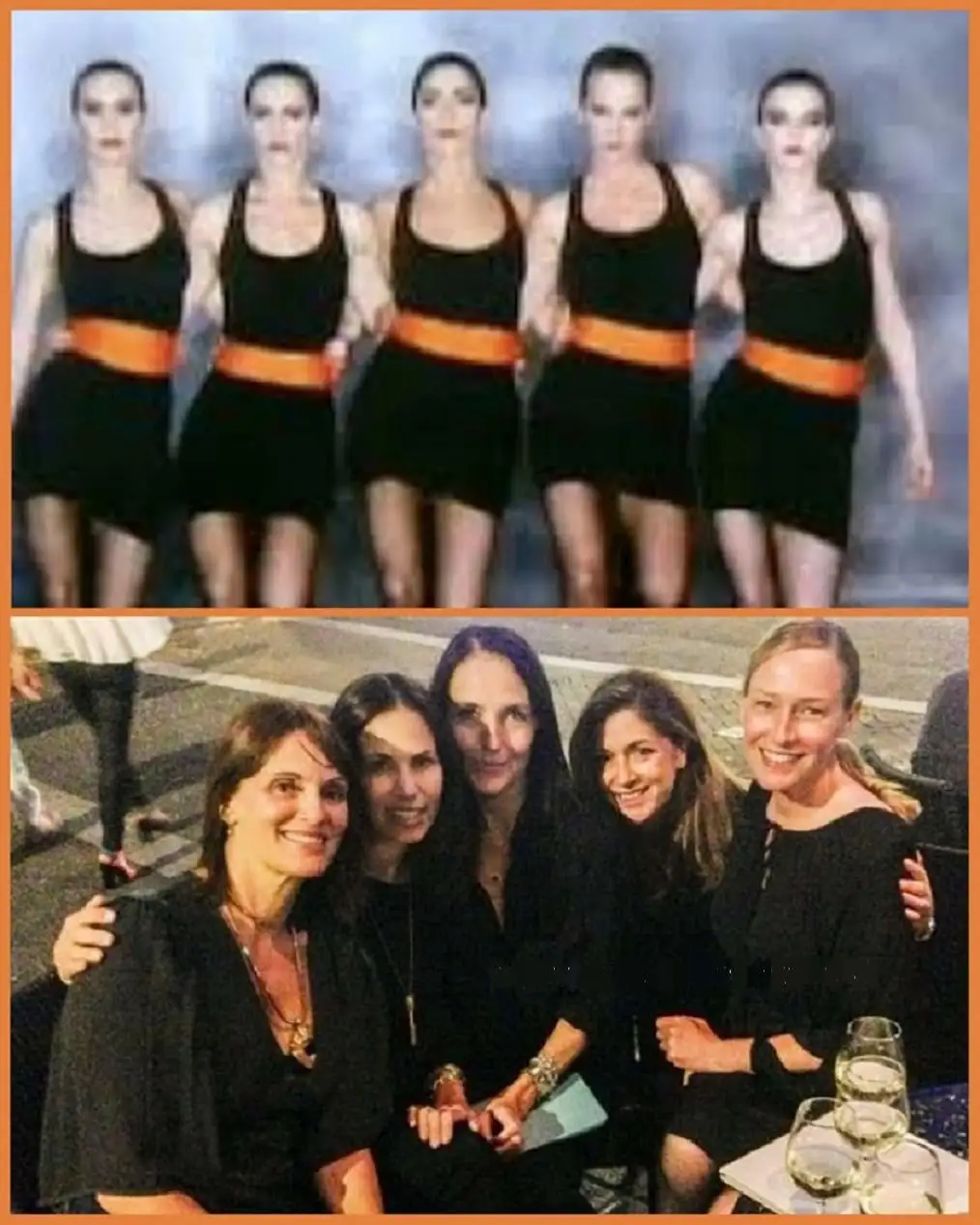 The image is split into two panels: the top shows five identical-looking women in matching black outfits with orange belts…
