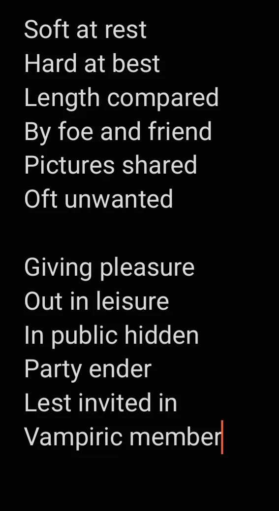 A black background with white text arranged in two stanzas, mimicking a poem. The text describes the characteristics of a…