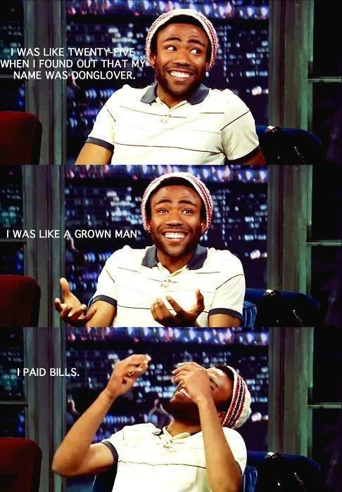 A three-panel meme featuring comedian Donald Glover in a white polo shirt and patterned beanie, seated on a talk show set…