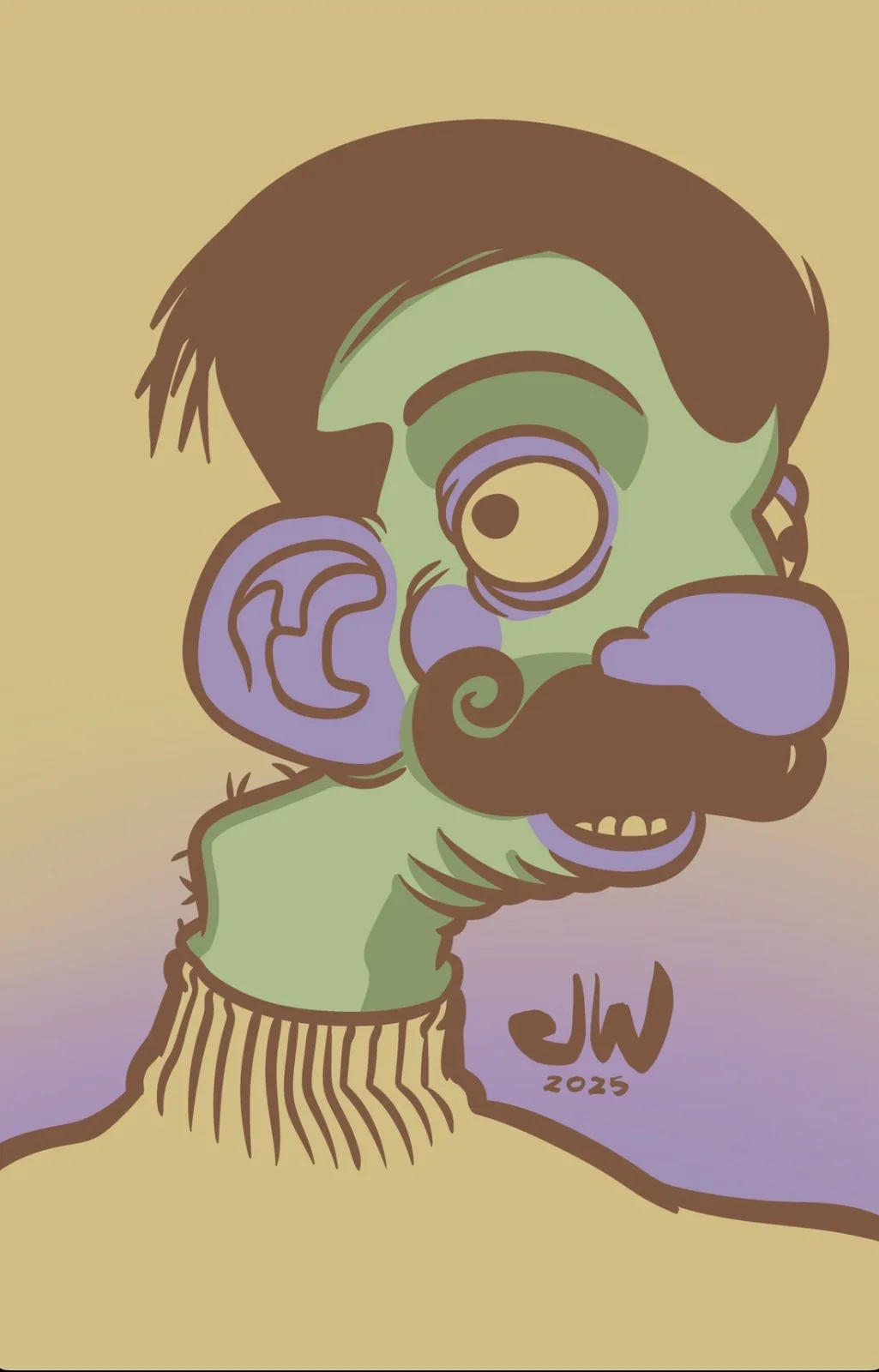 A stylized cartoon illustration of a green-skinned, mustachioed man with large purple ears and a single visible eye, wearing…