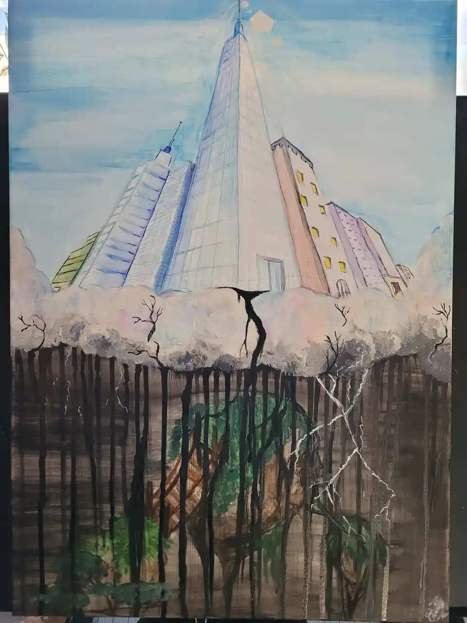 A painting depicts a surreal scene where modern skyscrapers emerge from a cloud layer above a dark, forested ground. The…