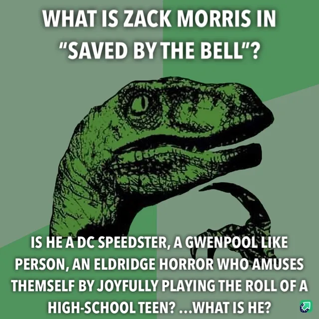 The image features the iconic green 'Philosoraptor' meme template, a stylized illustration of a raptor with a thoughtful…