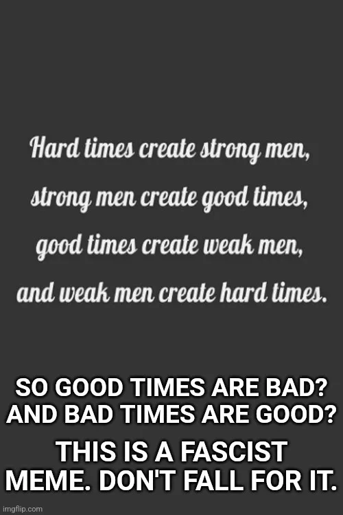 A dark gray image displays a four-line quote in white cursive font: 'Hard times create strong men, strong men create good…