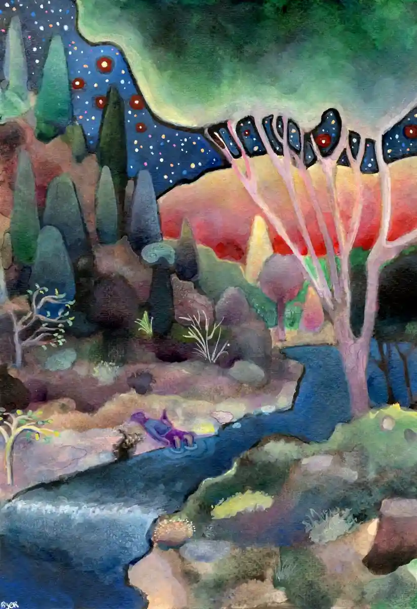 A surreal watercolor painting depicts a whimsical landscape with a winding river, stylized trees, and a starry sky blending…