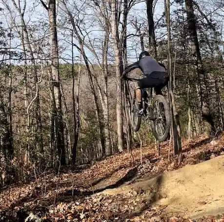 A mountain biker is captured mid-air, having launched off a dirt jump in a forest with bare trees and fallen leaves. The…