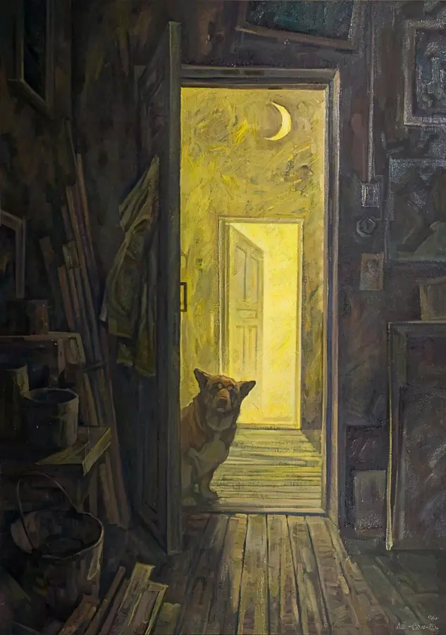 A painting depicts a dog sitting in a dimly lit doorway, looking into a brightly lit hallway where a crescent moon is…
