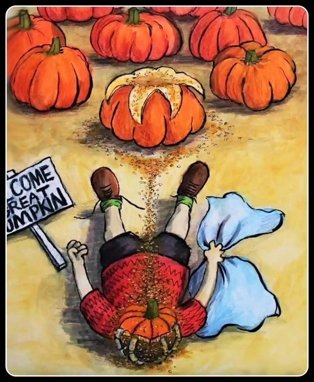 A cartoon illustration shows a person lying on their back with a pumpkin on their belly, seeds spilling out from the pumpkin…