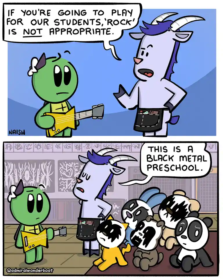 A two-panel comic shows a green character with horns holding a yellow guitar. In the first panel, a white goat with purple…