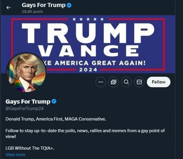 A screenshot of a Twitter profile named 'Gays For Trump' with a profile picture of Donald Trump with a rainbow filter. The…