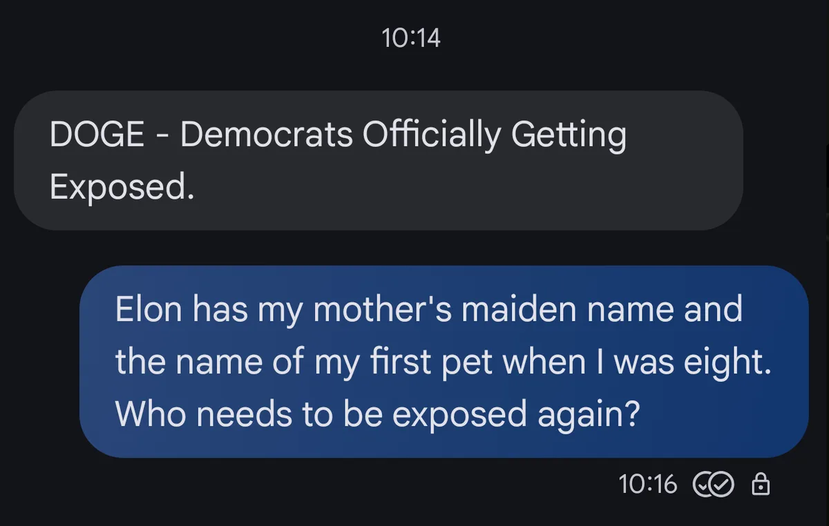 A screenshot of a text message conversation shows a message from 'DOGE' saying 'Democrats Officially Getting Exposed.' The…