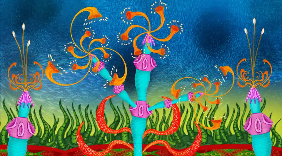 A vibrant, stylized illustration depicts three fantastical, coral-like organisms with turquoise bodies, pink frilled tops…
